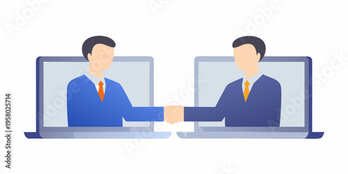 Digital handshake between two business professionals on laptop screens