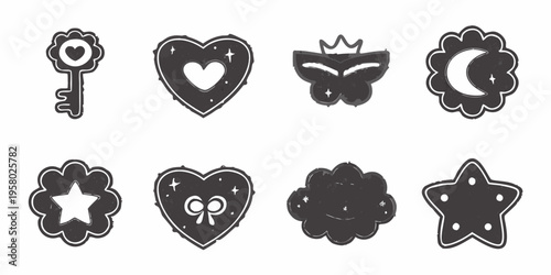 Black and white hand drawn icons of hearts keys stars and flowers