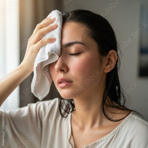 Woman Experiencing Hot Flash Relief with Cool Towel.