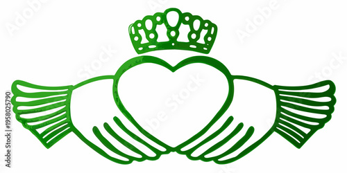 A green claddagh symbol featuring a heart hands and a crown