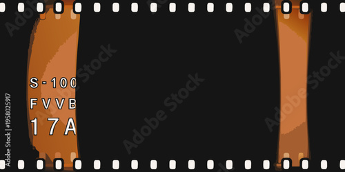 A strip of vintage film with sprocket holes and orange coloration