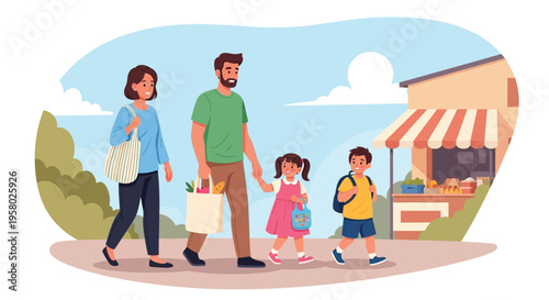 Family walking together happily after shopping.