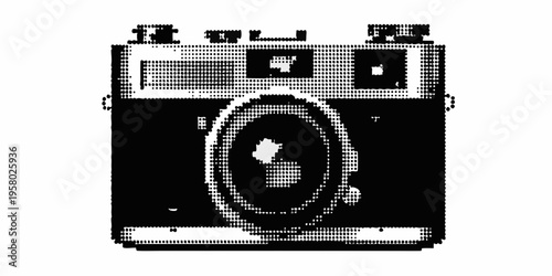 A black and white pixelated illustration of a vintage rangefinder camera