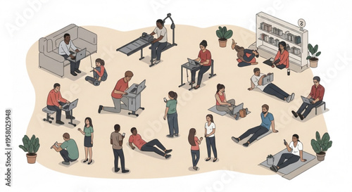 People exercising and stretching in a large room with various equipment and plants around