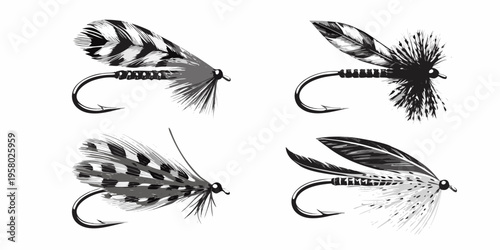Detailed illustration of four different fishing flies with hooks