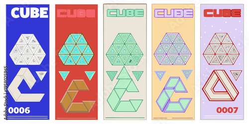 Five vertically oriented panels displaying colorful cube variations and designs