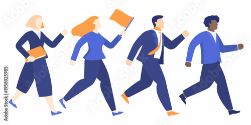 Diverse group of professionals energetically running forward with determination