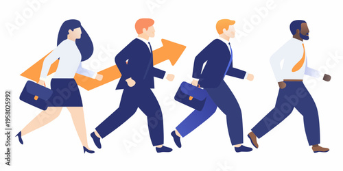 Diverse business professionals moving forward propelled by an upward arrow