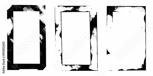 Three rectangular frames with distressed edges in black and white