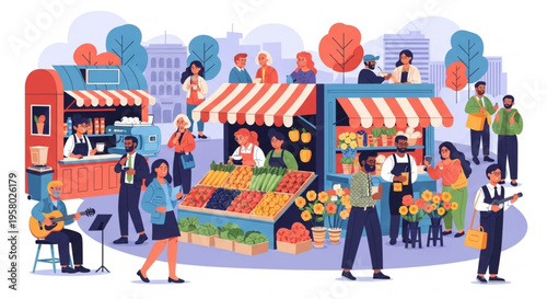 Vibrant street market scene with people shopping for fresh produce and flowers enjoying live music and urban atmosphere
