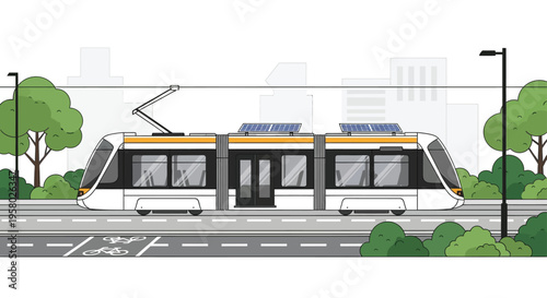 Modern Electric Tram Vehicle on City Street.