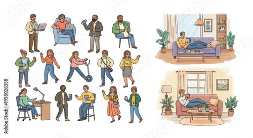 People engaging in various leisure activities at home and work relaxation and productivity concepts