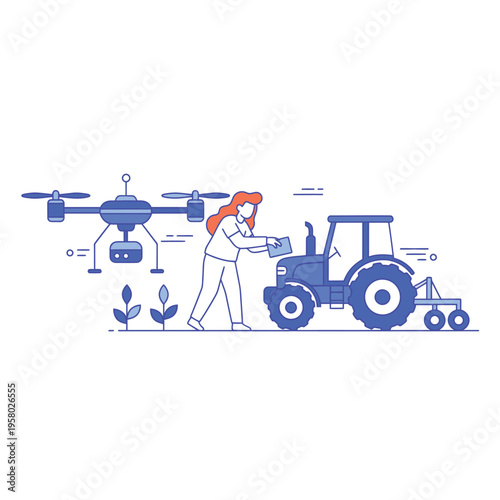 Farmer uses drone and tractor for modern agriculture technology.