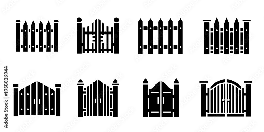 Obraz premium Various wooden fence and gate designs are shown in black silhouette on white background
