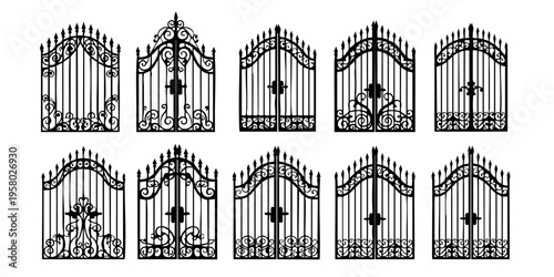 Various iron gates with unique designs are displayed on a wall.