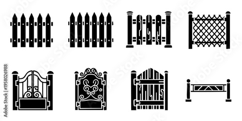 Various fence and gate designs are displayed in black and white.