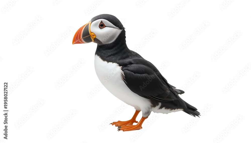 Naklejka premium A puffin stands alone against a solid black background