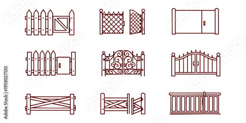 Various wooden gates and fences are shown in different designs outdoors.