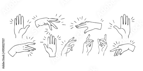 Various hands are gesturing with fingers and palms in illustrations.