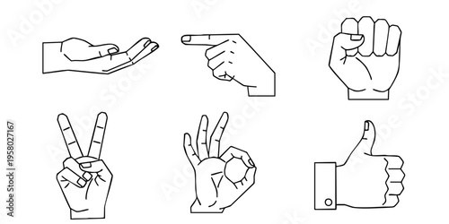 A set of hand gestures illustrated in a line drawing style