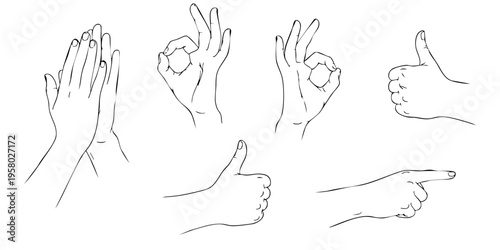 Hands make various gestures including clapping and pointing in air