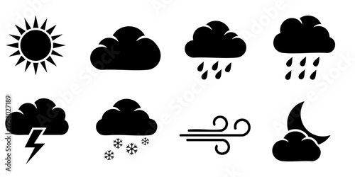 Weather forecast icons display sunny, cloudy, rainy, stormy, and windy conditions.