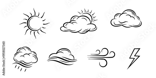 Weather icons display sunny, cloudy, rainy, windy, and stormy conditions