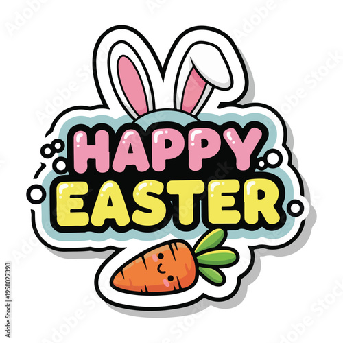 Happy easter message with cute bunny ears and a smiling carrot with white background