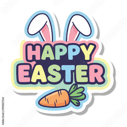 Happy easter text with carrot and bunny ears, festive holiday design, word art