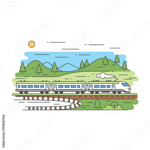 Modern High Speed Train Traveling on Tracks.