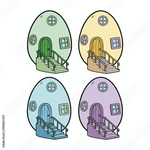 Set of four colorful egg houses with doors, and stairs, egg house