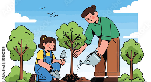 Father and daughter planting a tree together.