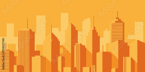 Cityscape illustration shows a vibrant orange urban landscape with various buildings and skyscrapers.