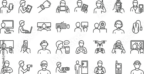 A set of line art illustrations depicting people working remotely with various technology and communication tools in a modern design concept.