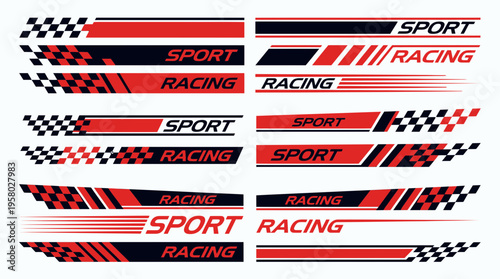 Collection of red and black sports car racing stripe decals with checkered flag patterns on white background, concept for vehicle body tuning, automotive livery design and vinyl wrap customization
