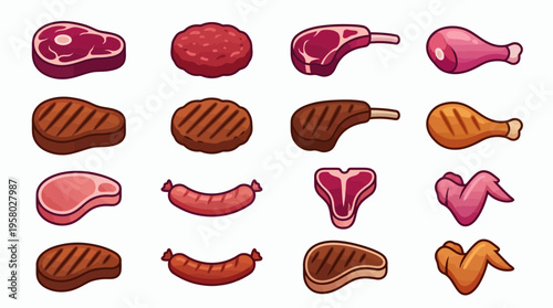 Variety of raw and grilled meat cuts like steak, burger, sausage and chicken icons on white background, concept for restaurant menu design, butchery marketing and barbecue party flyer