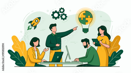 Project manager, software developer and financial analyst brainstorming with rocket and puzzle bulb, concept for startup growth, corporate strategy and professional collaboration