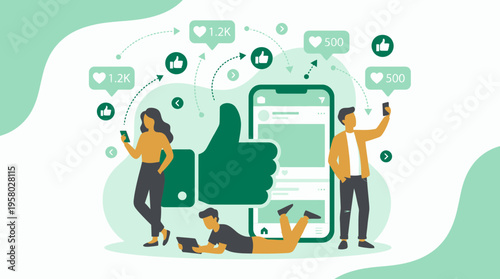Social media managers engaging with mobile devices and notification icons around a giant thumbs up, concept for digital marketing, brand engagement and online community growth