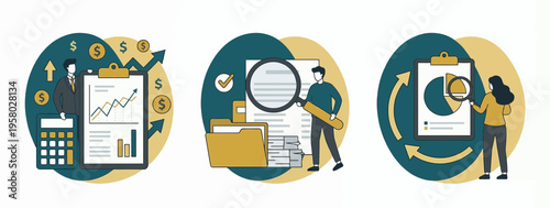 Professional financial analysts and data auditors examining growth charts and reports with magnifying glasses, concept for corporate auditing, data analysis and business growth presentation