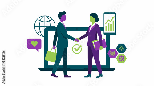 Male investment manager and female corporate CEO shaking hands in front of digital devices and growth charts, concept for business partnership, global deal making and successful collaboration