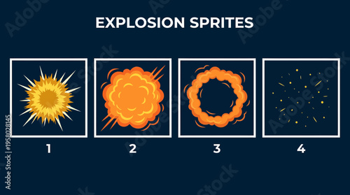 Collection of various cartoon explosion sprites animation sequence set with fire sparks and smoke on dark blue background, concept for game development, motion graphics and visual effects
