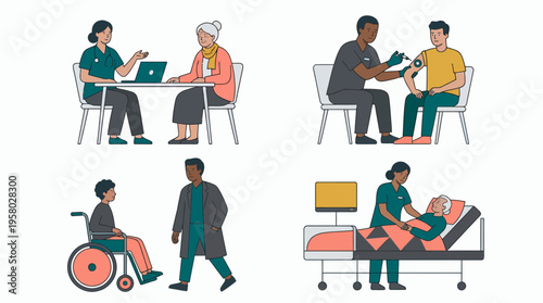 Registered nurses and physicians treating patients in various medical scenarios flat vector illustration, concept for medical service, insurance brochure and hospital patient care