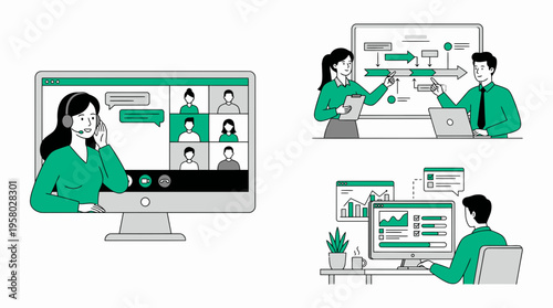 Project managers and data analyst conducting video call, planning strategy and monitoring analytics dashboard, concept for remote collaboration, business management and office workflow