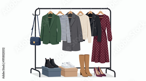 various stylish apparel and accessories hanging on minimalist metal clothing rack with shoes on white background, concept for fashion retail, personal stylist and seasonal wardrobe promotion