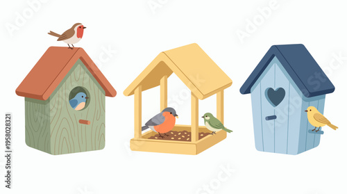 Collection of colorful wooden birdhouses and bird feeders with small garden birds on white background, concept for nature conservation, wildlife education and backyard garden decoration
