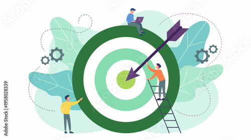 Team of marketing managers and analysts working together on a giant dartboard target with an arrow in the bullseye, concept for business strategy, financial goal achievement and project success