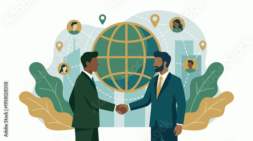 Two diverse executives shaking hands in front of a globe with network icons and stylized leaves, concept for international business partnership, global networking and strategic agreement