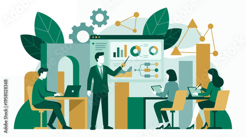 Professional marketing analyst manager presenting data analytics and charts to office team in workspace, concept for business presentation, corporate growth and statistical reporting