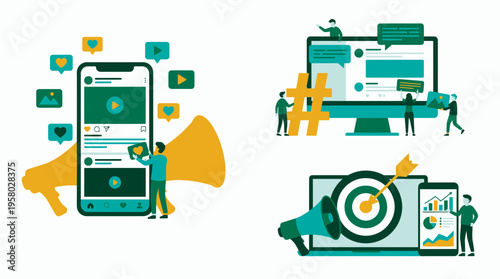 Social media manager and analyst team managing digital content on smartphone and desktop with megaphone and target symbols, concept for brand promotion, online advertising and marketing strategy
