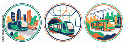Set of circular public transport icons featuring a modern bus, metro train in a tunnel and green trolleybus, concept for urban mobility, smart city planning and sustainable commuting